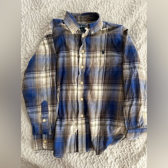 Ralph Lauren Blue and Tan Plaid Shirt, Boys size small - Picture 1 of 4